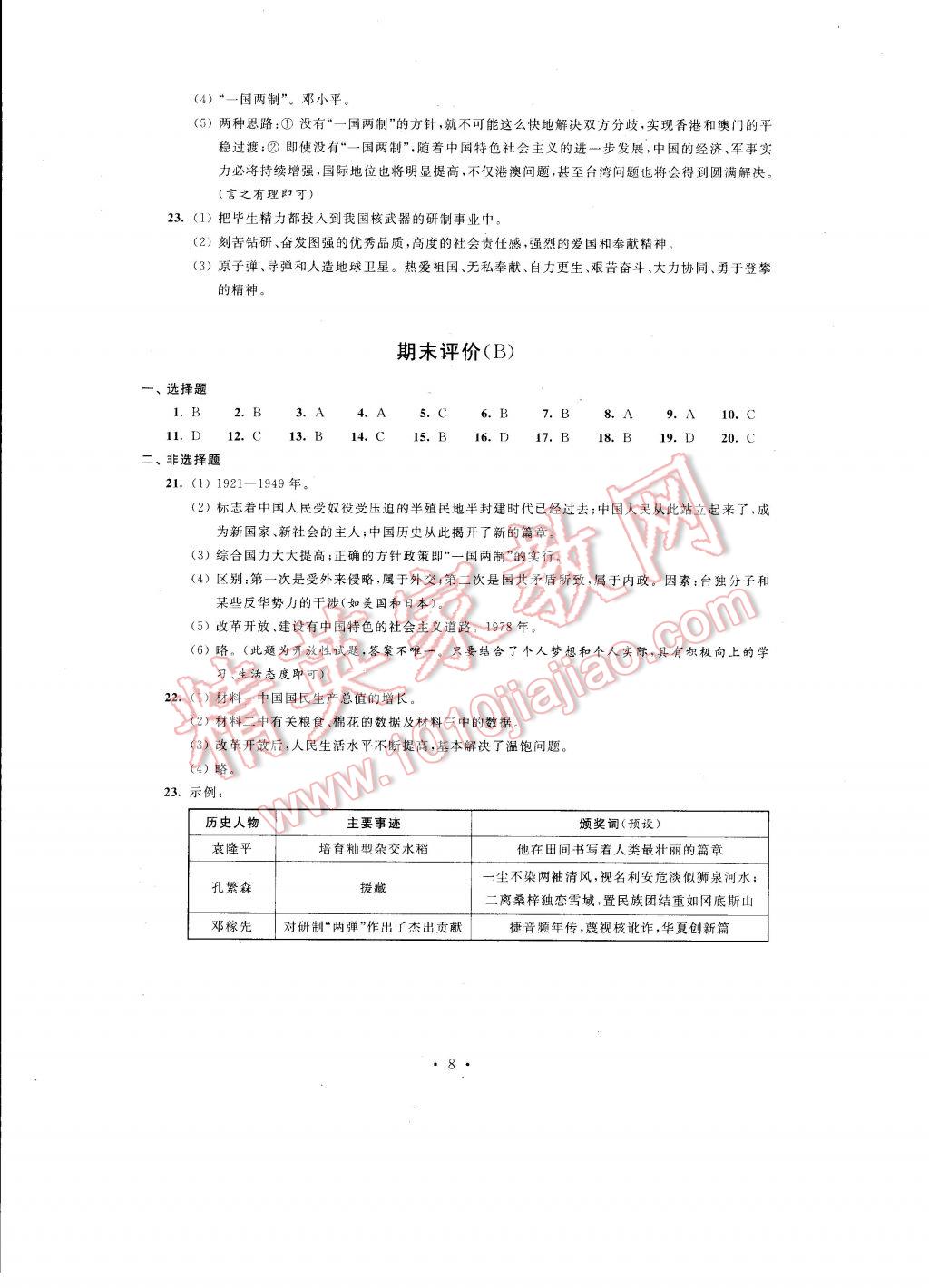 2017年自我提升與評價八年級歷史下冊 參考答案第8頁