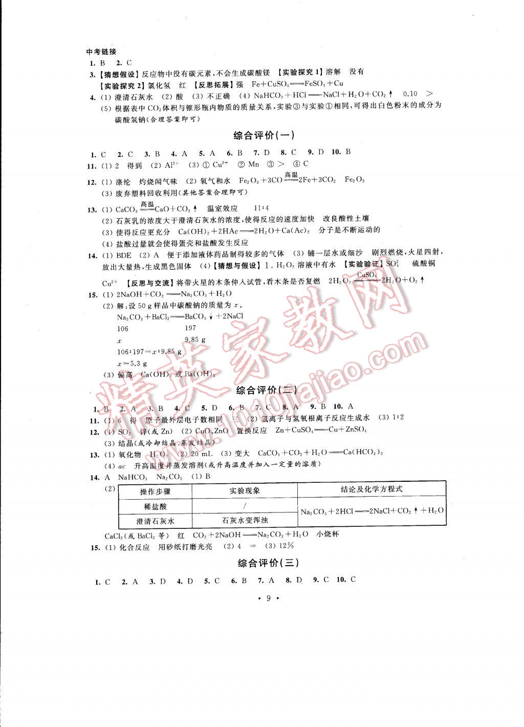 2017年自我提升与评价九年级化学下册 参考答案第12页