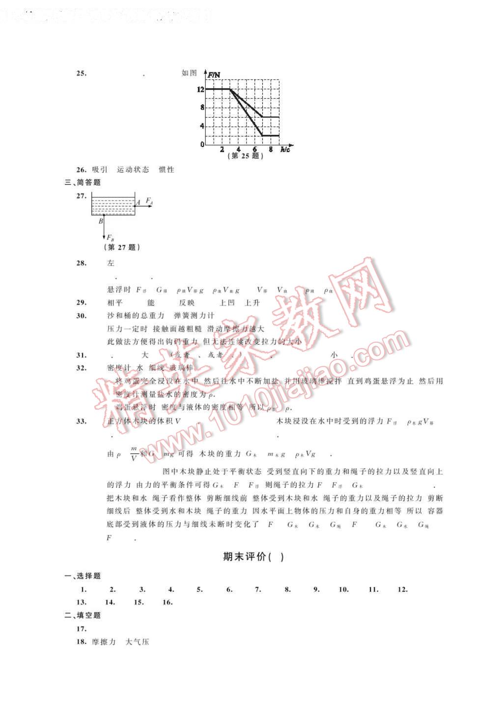 2017年绿色指标自我提升八年级物理下册 参考答案第13页