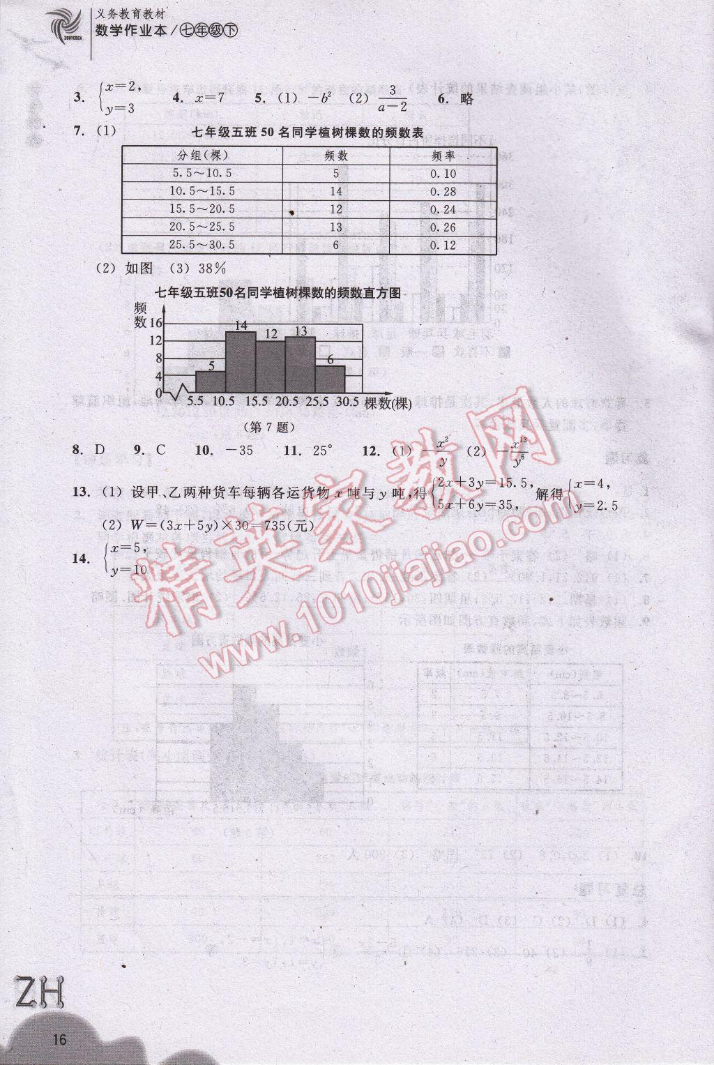 2017年作业本七年级数学下册浙教版浙江教育出版社 参考答案第16页