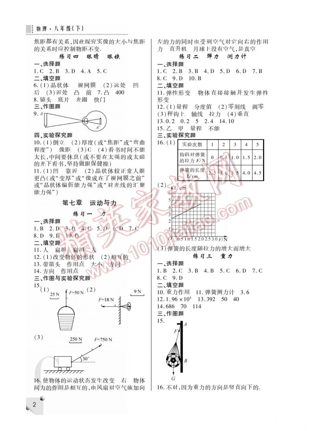 2017年课堂练习册八年级物理下册C版 参考答案第2页