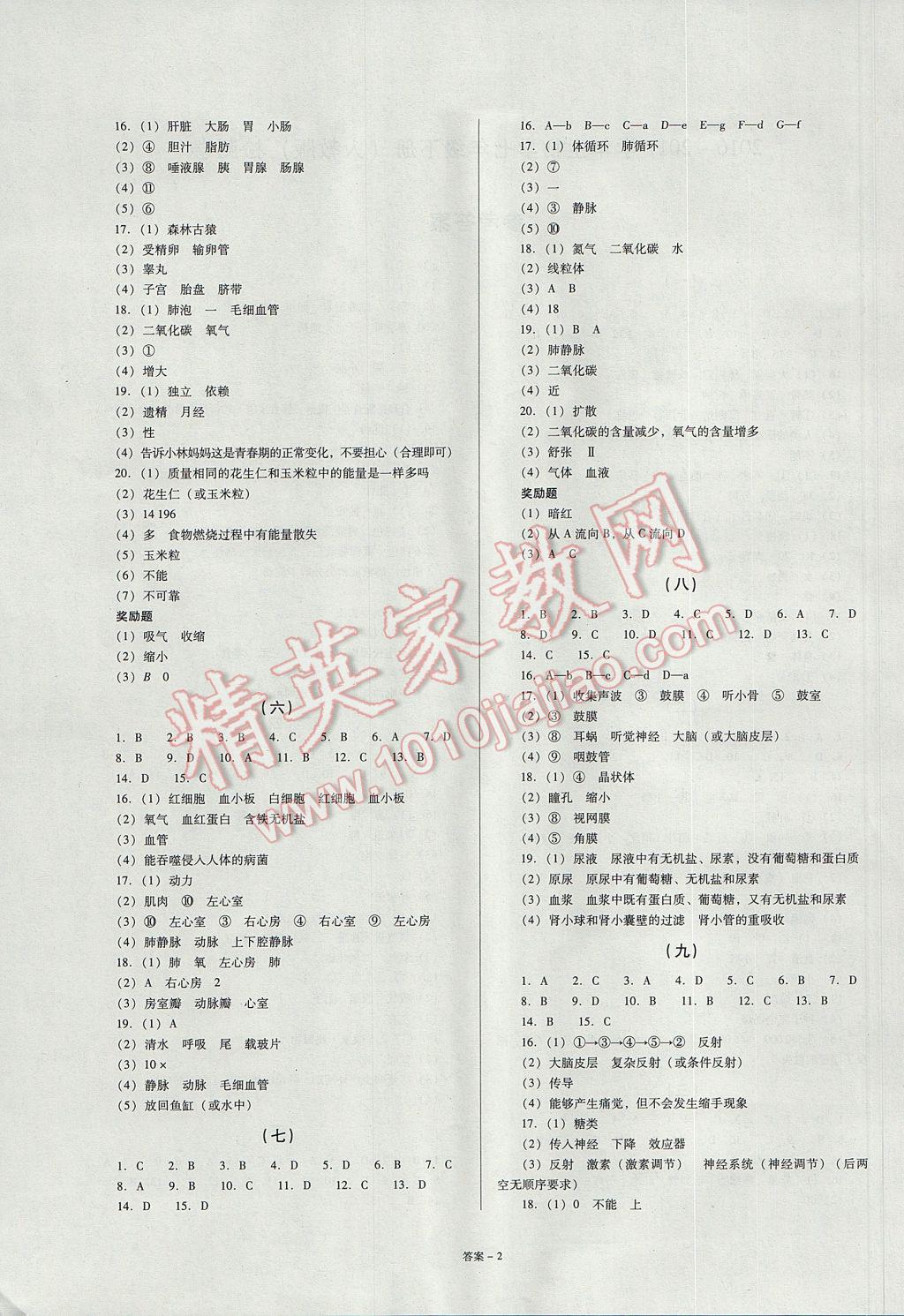 2017年点击金牌学业观察七年级生物学下册人教版 参考答案第2页