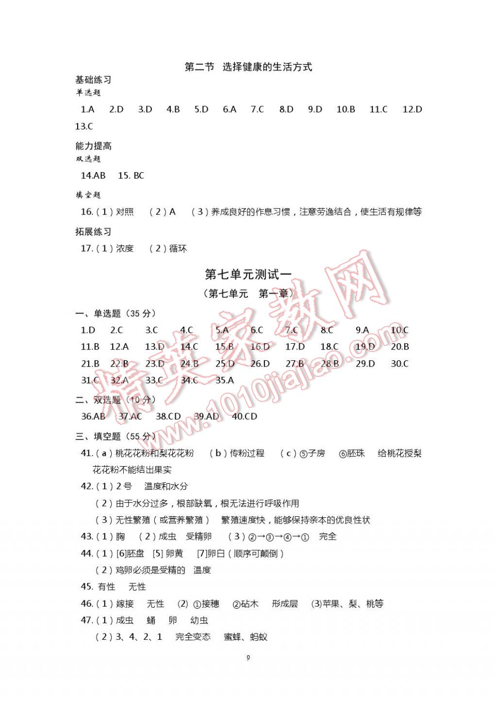 2017年知識(shí)與能力訓(xùn)練八年級(jí)生物學(xué)下冊(cè)人教版 參考答案第9頁(yè)