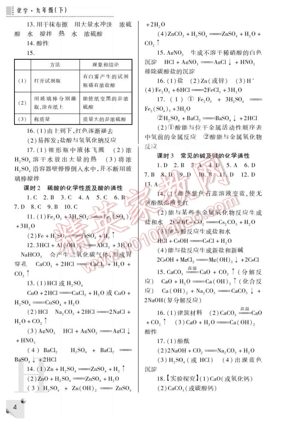 2017年课堂练习册九年级化学下册科粤版H版 参考答案第4页