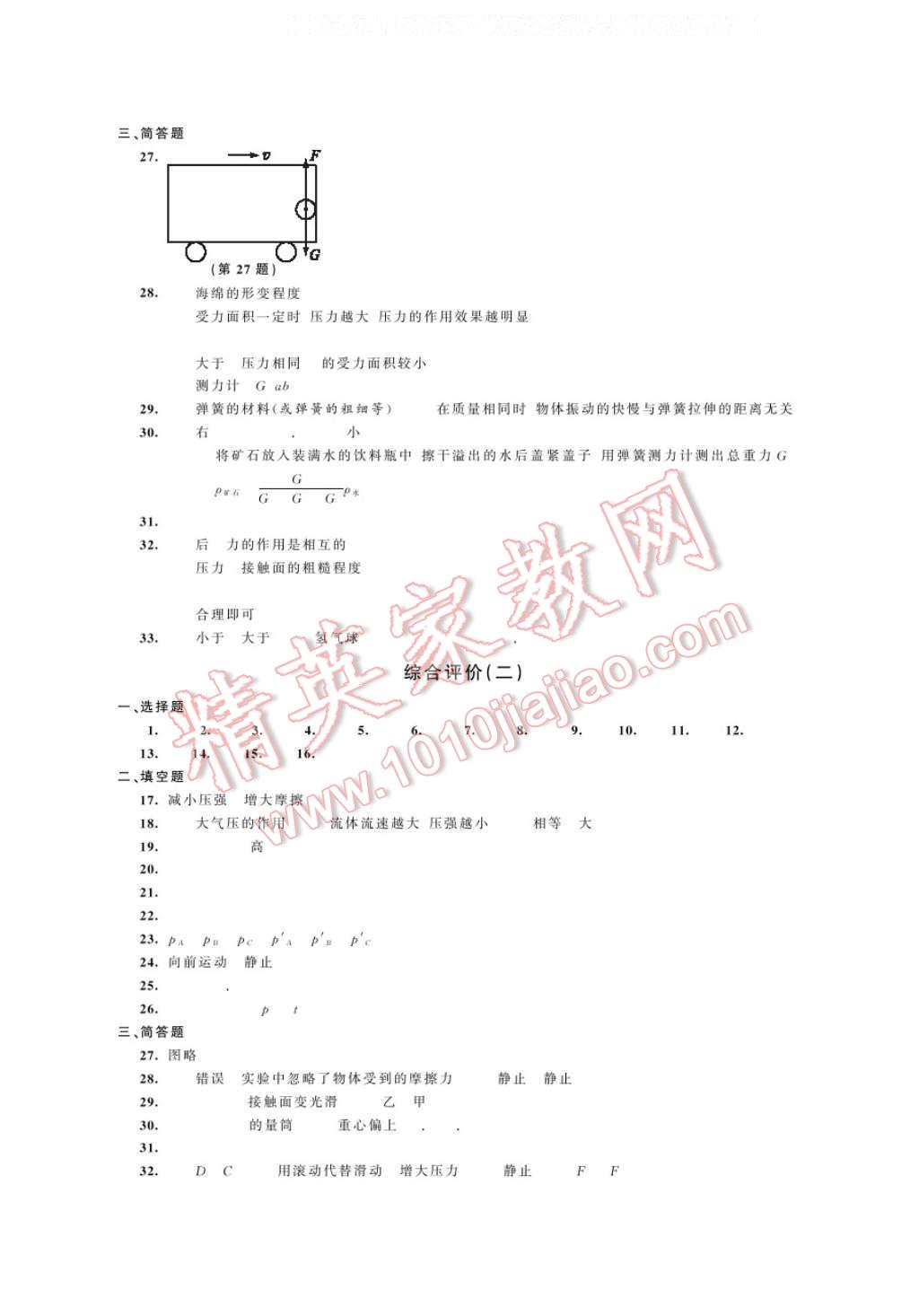 2017年綠色指標(biāo)自我提升八年級(jí)物理下冊(cè) 參考答案第15頁