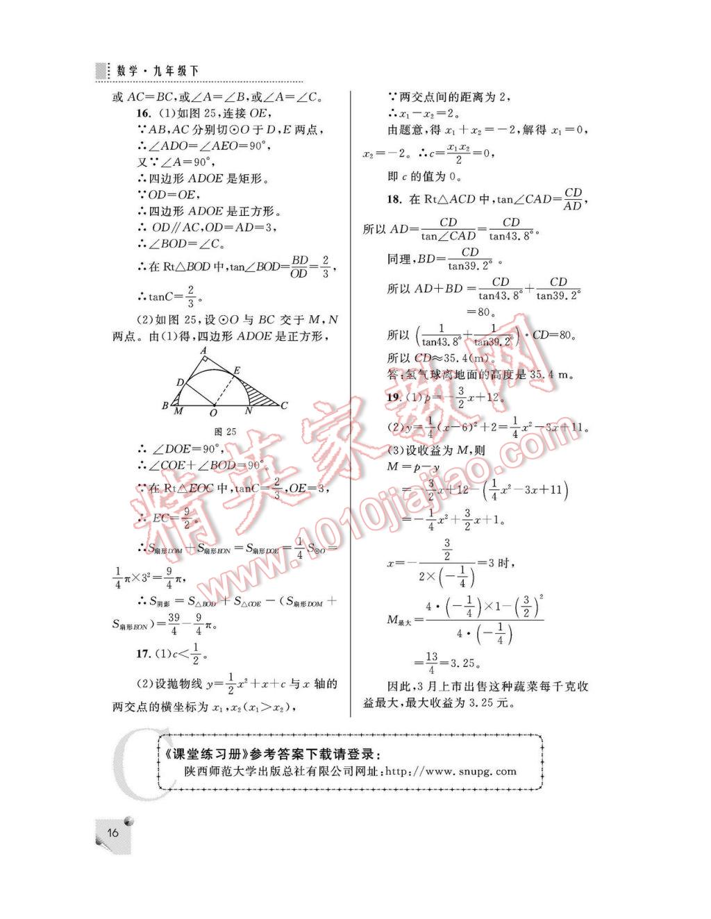 2017年課堂練習(xí)冊(cè)九年級(jí)數(shù)學(xué)下冊(cè)C版 參考答案第16頁(yè)