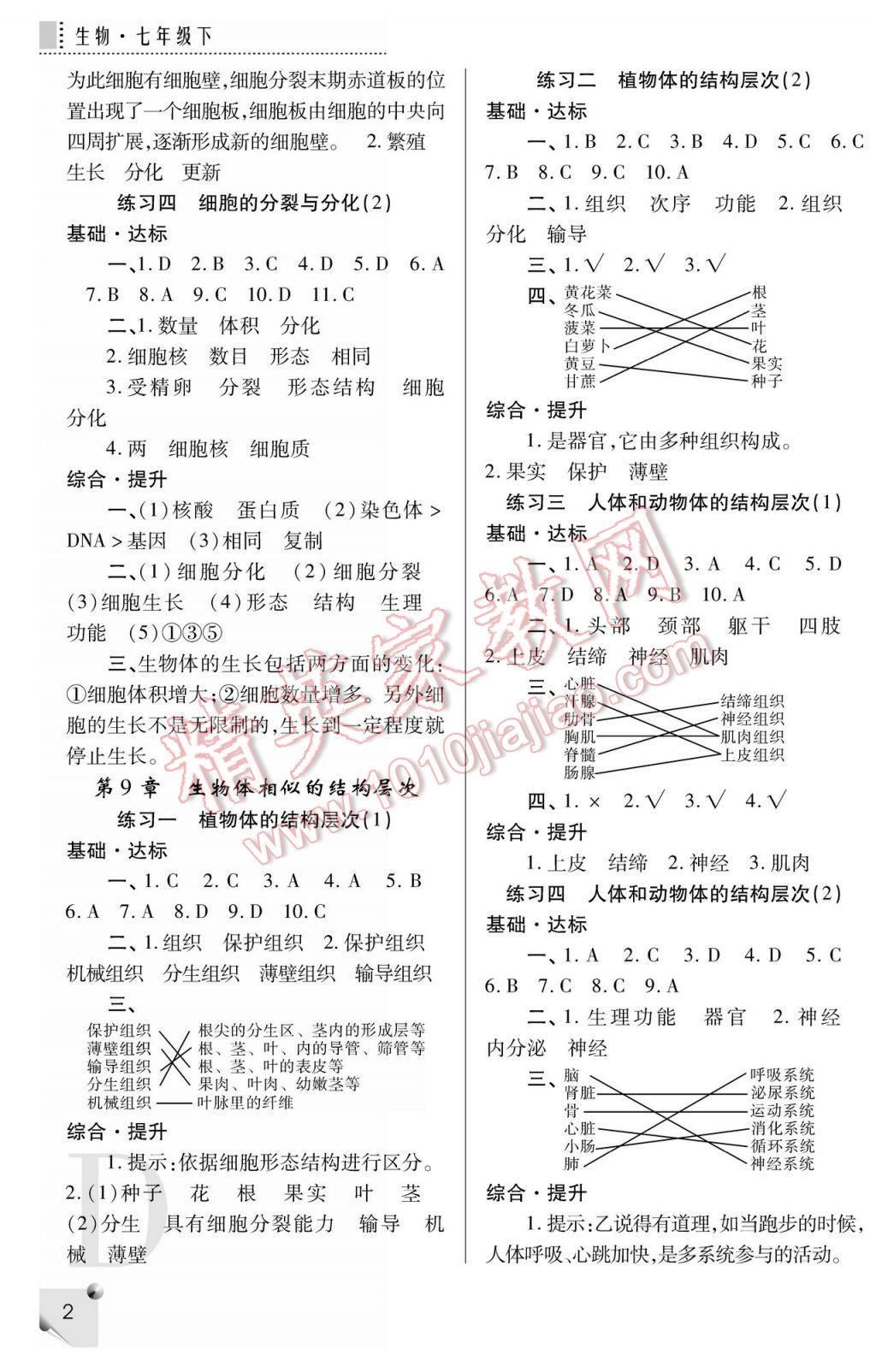 2017年课堂练习册七年级生物下册D版 参考答案第1页