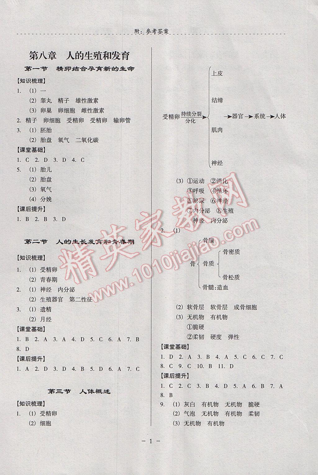 2017年启文引路七年级生物学下学期 参考答案第1页