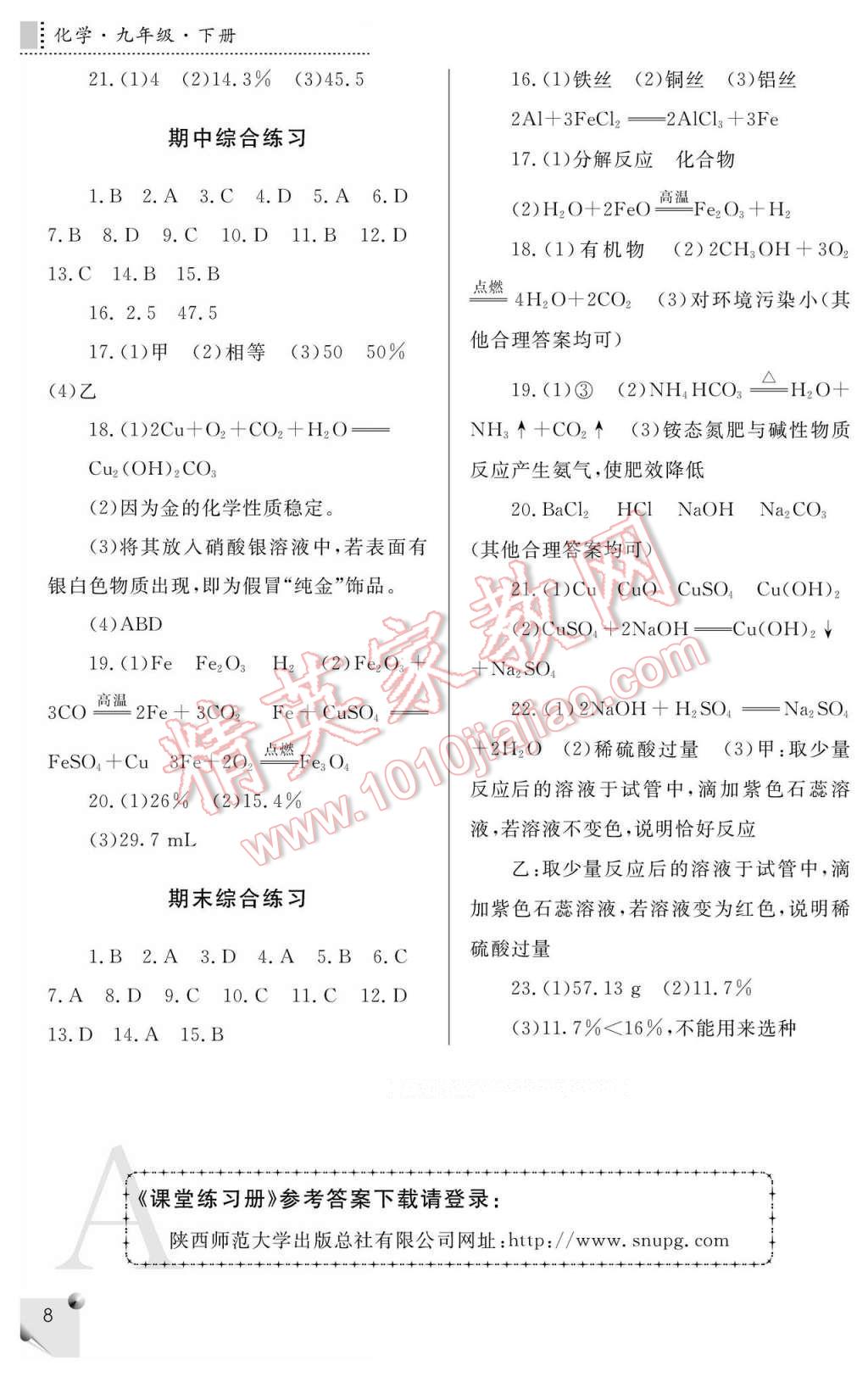 2017年課堂練習(xí)冊(cè)九年級(jí)化學(xué)下冊(cè)人教版A版 參考答案第8頁