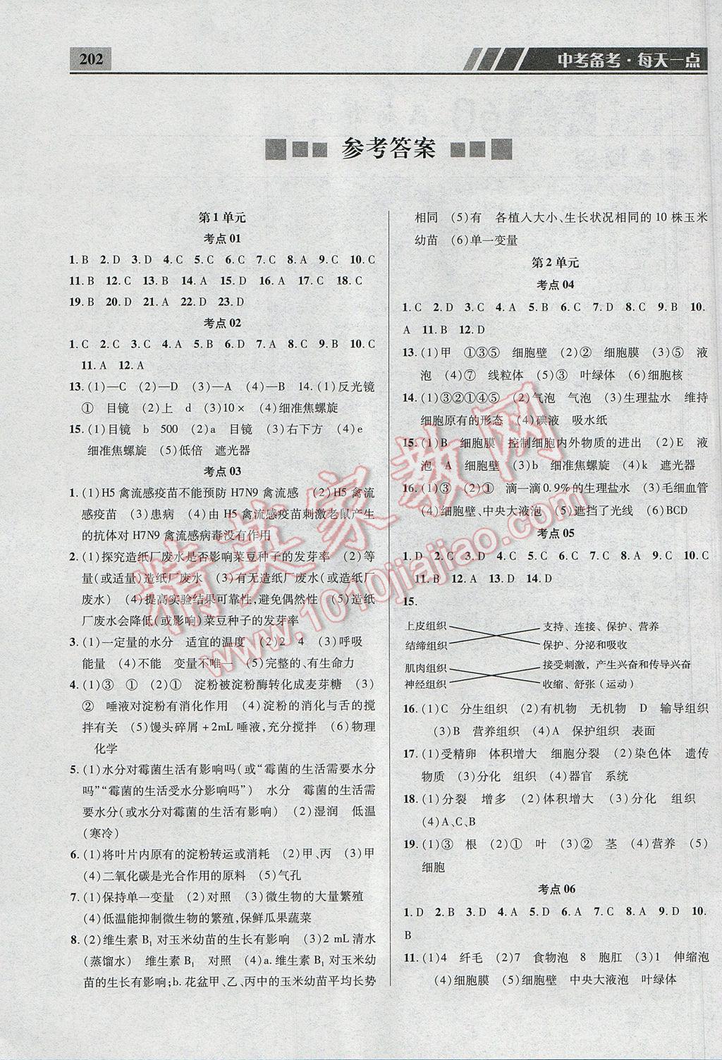 2017年中考備考每天一點生物60天 參考答案第1頁