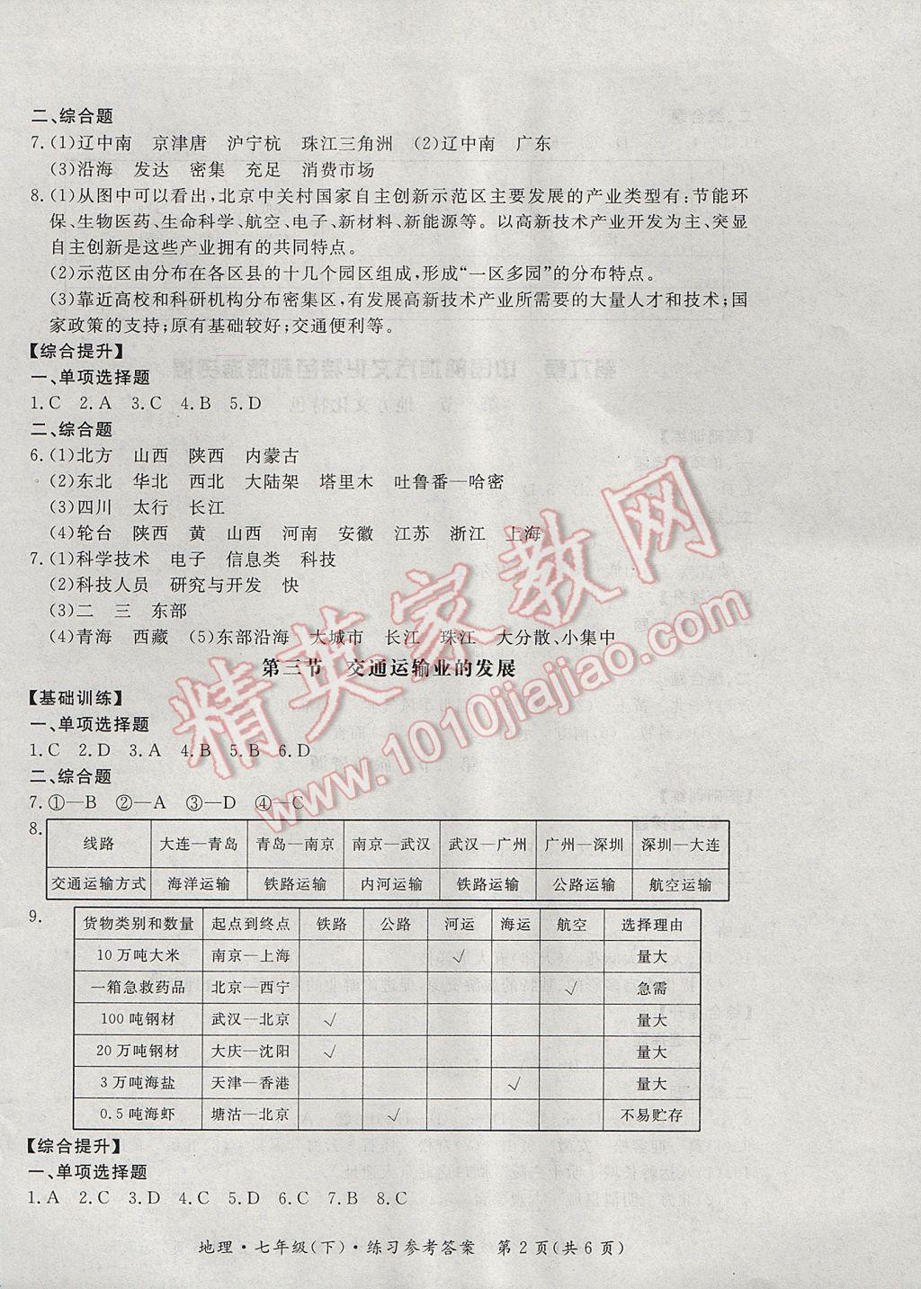 2017年新課標(biāo)形成性練習(xí)與檢測七年級地理下冊 參考答案第2頁