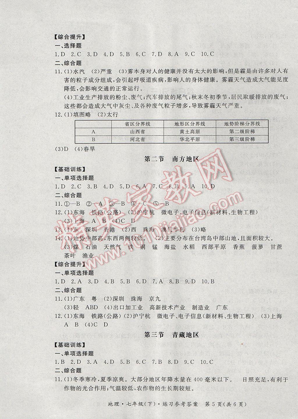 2017年新課標(biāo)形成性練習(xí)與檢測七年級地理下冊 參考答案第5頁