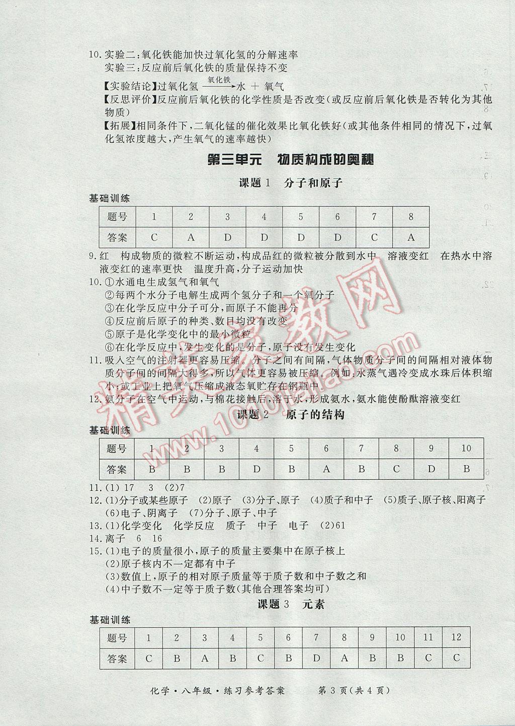 2017年新課標形成性練習與檢測八年級化學下冊 參考答案第3頁