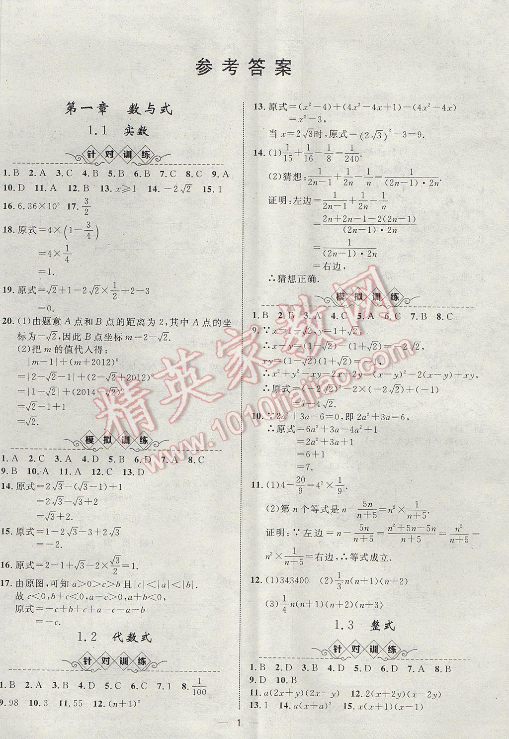 2017年智囊團(tuán)中考總復(fù)習(xí)數(shù)學(xué)人教版 參考答案第1頁