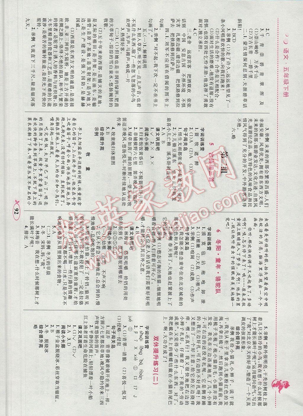 2017年小学同步学考优化设计小超人作业本五年级语文下册人教版 参考答案第2页