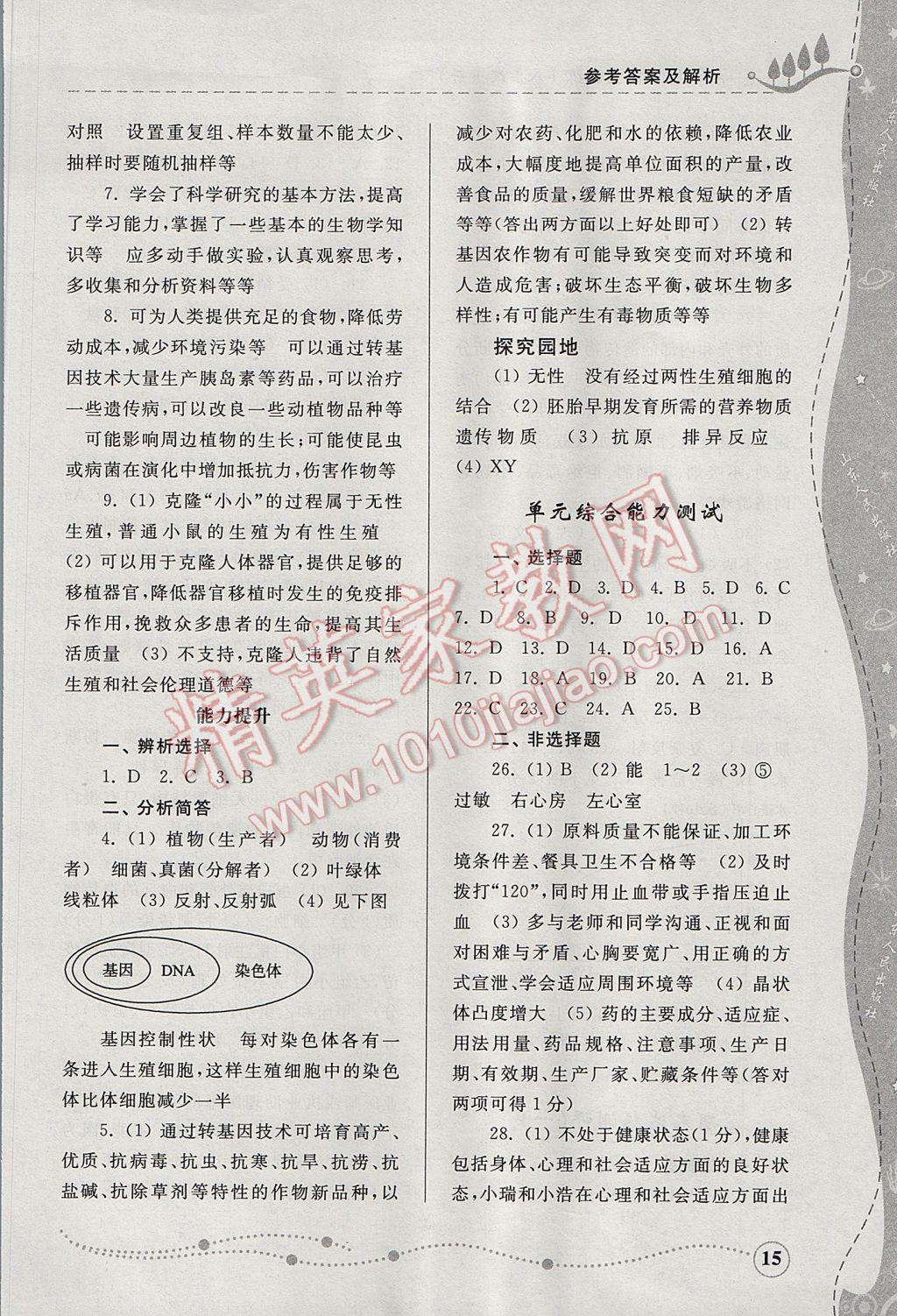 2017年綜合能力訓(xùn)練八年級(jí)生物學(xué)下冊(cè)人教版 參考答案第15頁