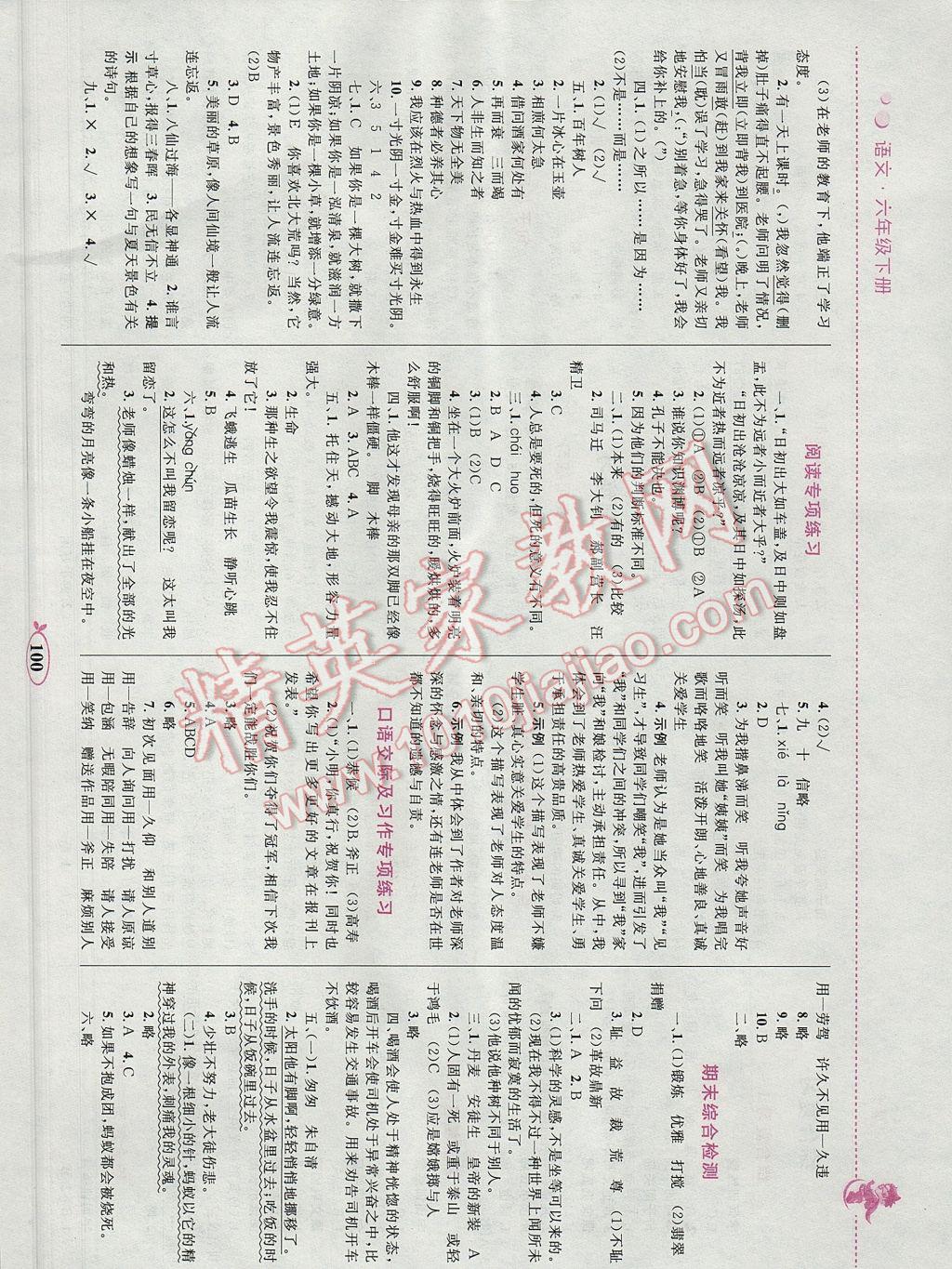 2017年小学同步学考优化设计小超人作业本六年级语文下册人教版 参考答案第10页