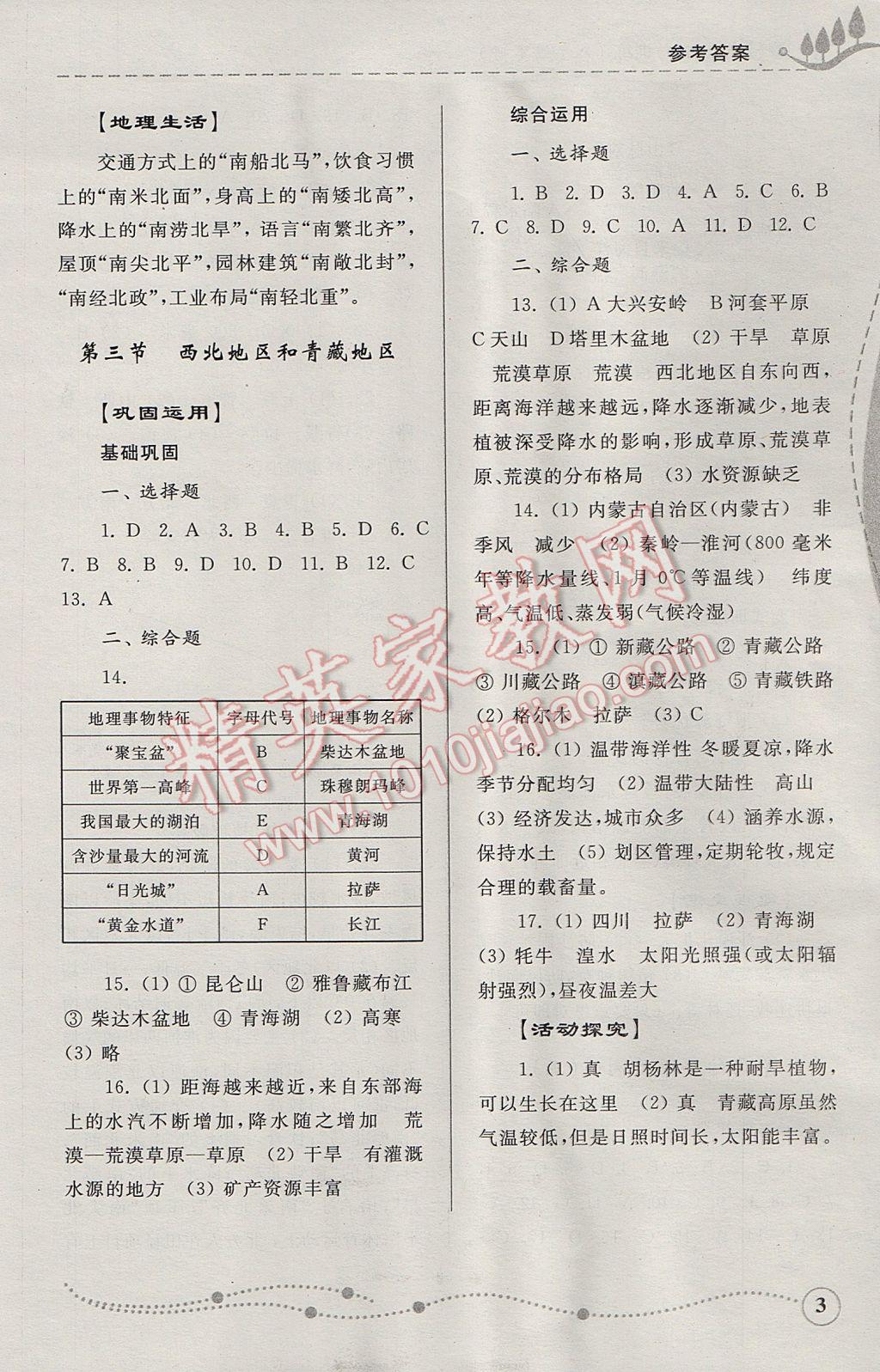 2017年綜合能力訓(xùn)練八年級(jí)地理下冊(cè)湘教版 參考答案第3頁(yè)