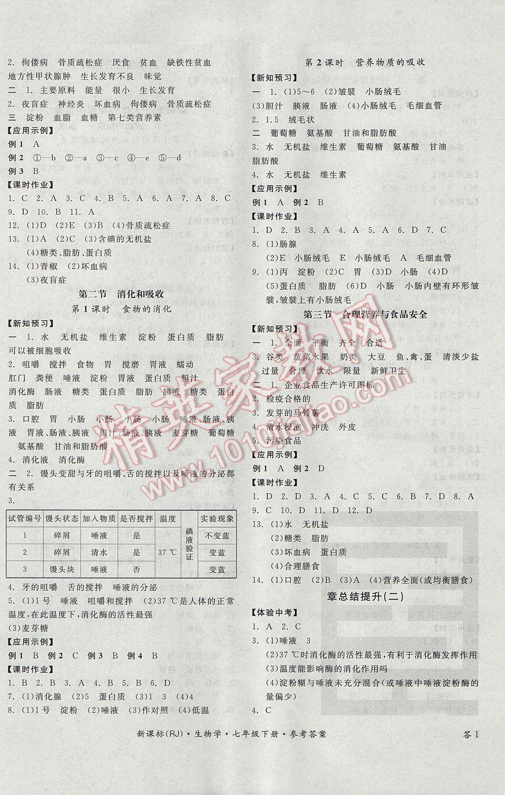 2017年全品学练考七年级生物学下册人教版 参考答案第2页