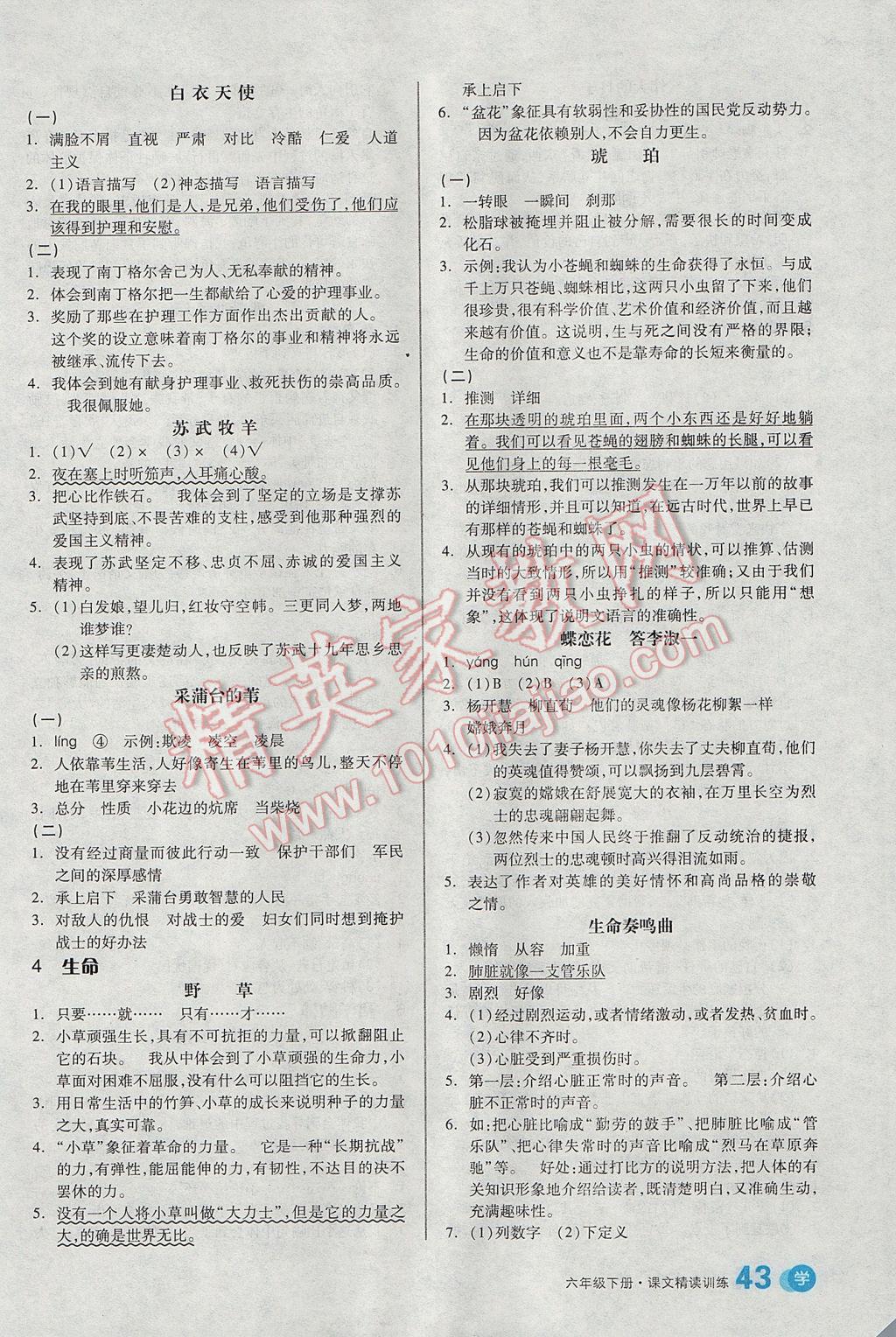 2017年全品学练考六年级语文下册北师大版 课文精读训练答案第15页