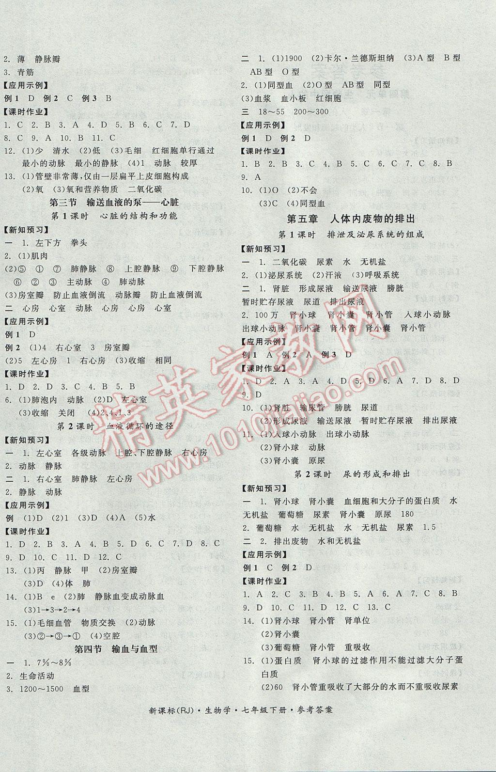 2017年全品学练考七年级生物学下册人教版 参考答案第4页