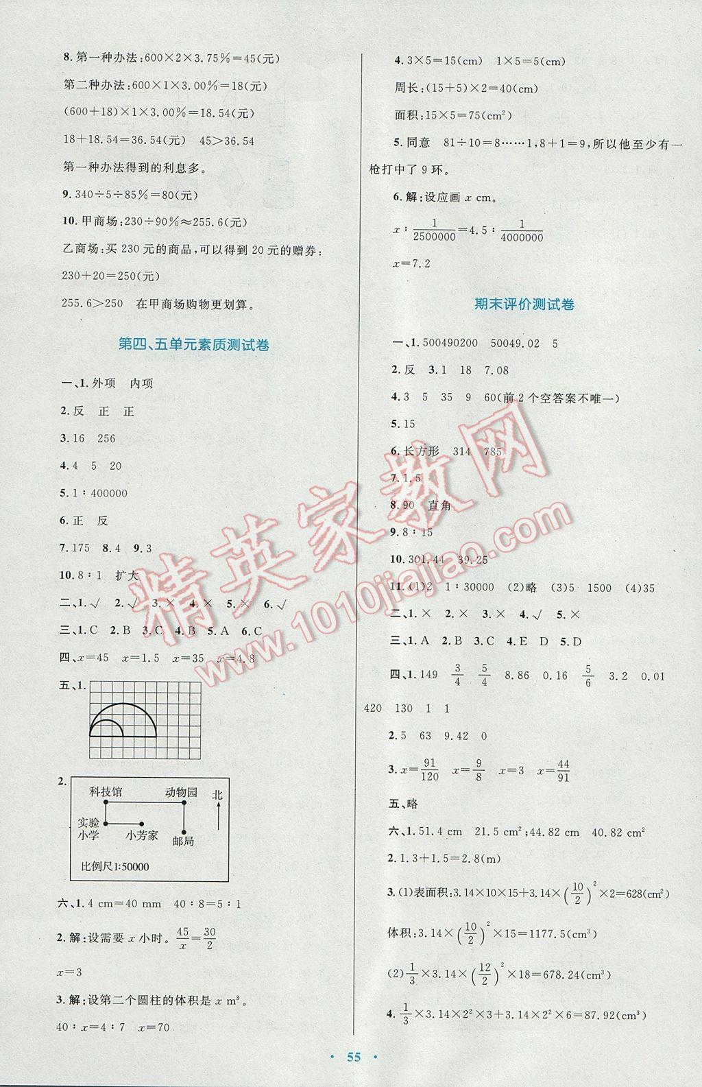 2017年新課標(biāo)小學(xué)同步學(xué)習(xí)目標(biāo)與檢測六年級數(shù)學(xué)下冊人教版 參考答案第15頁