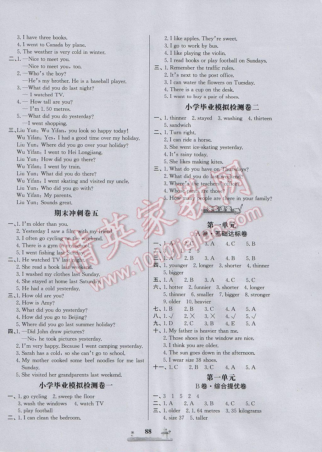 2017年同步训练全优达标测试卷六年级英语下册人教版 参考答案第4页