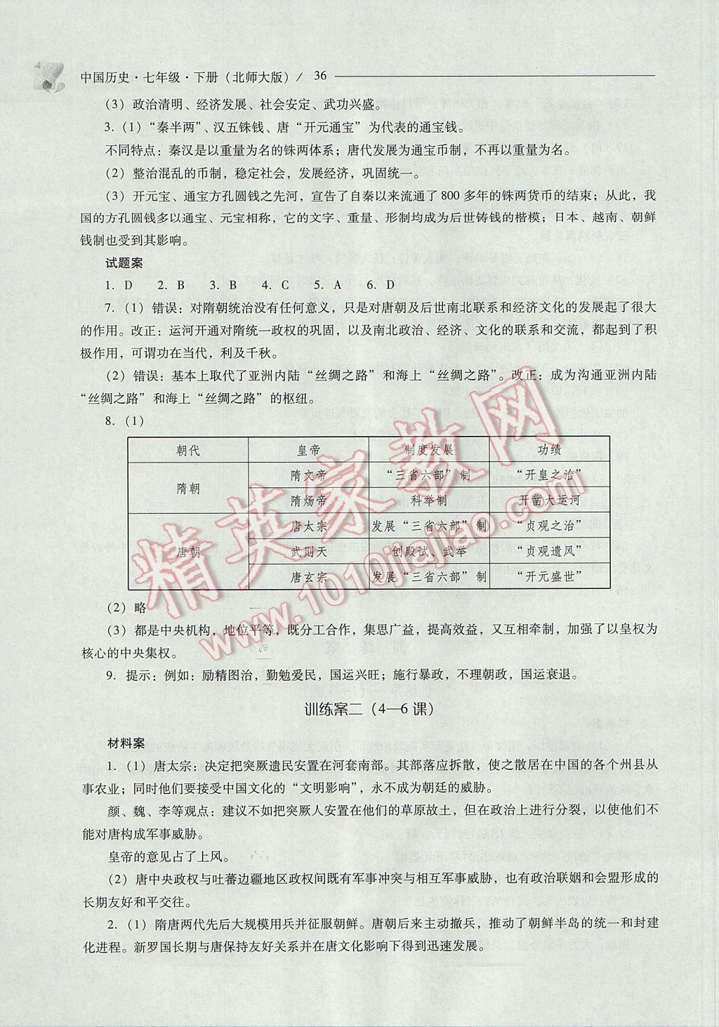 2017年新課程問題解決導學方案七年級中國歷史下冊北師大版 參考答案第36頁