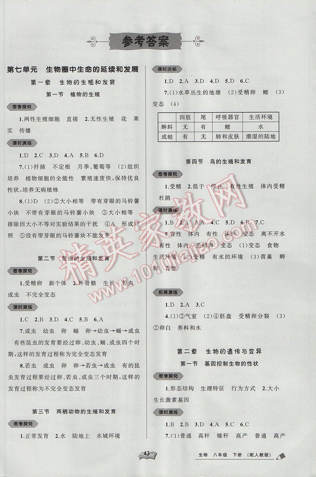 2017年新课程学习与测评同步学习八年级生物下册人教版 参考答案第1页