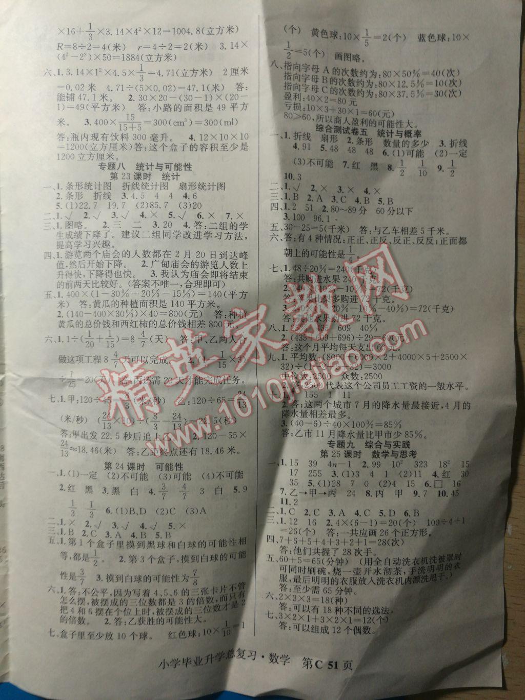 2017年先锋系列小学毕业总复习数学 参考答案第10页