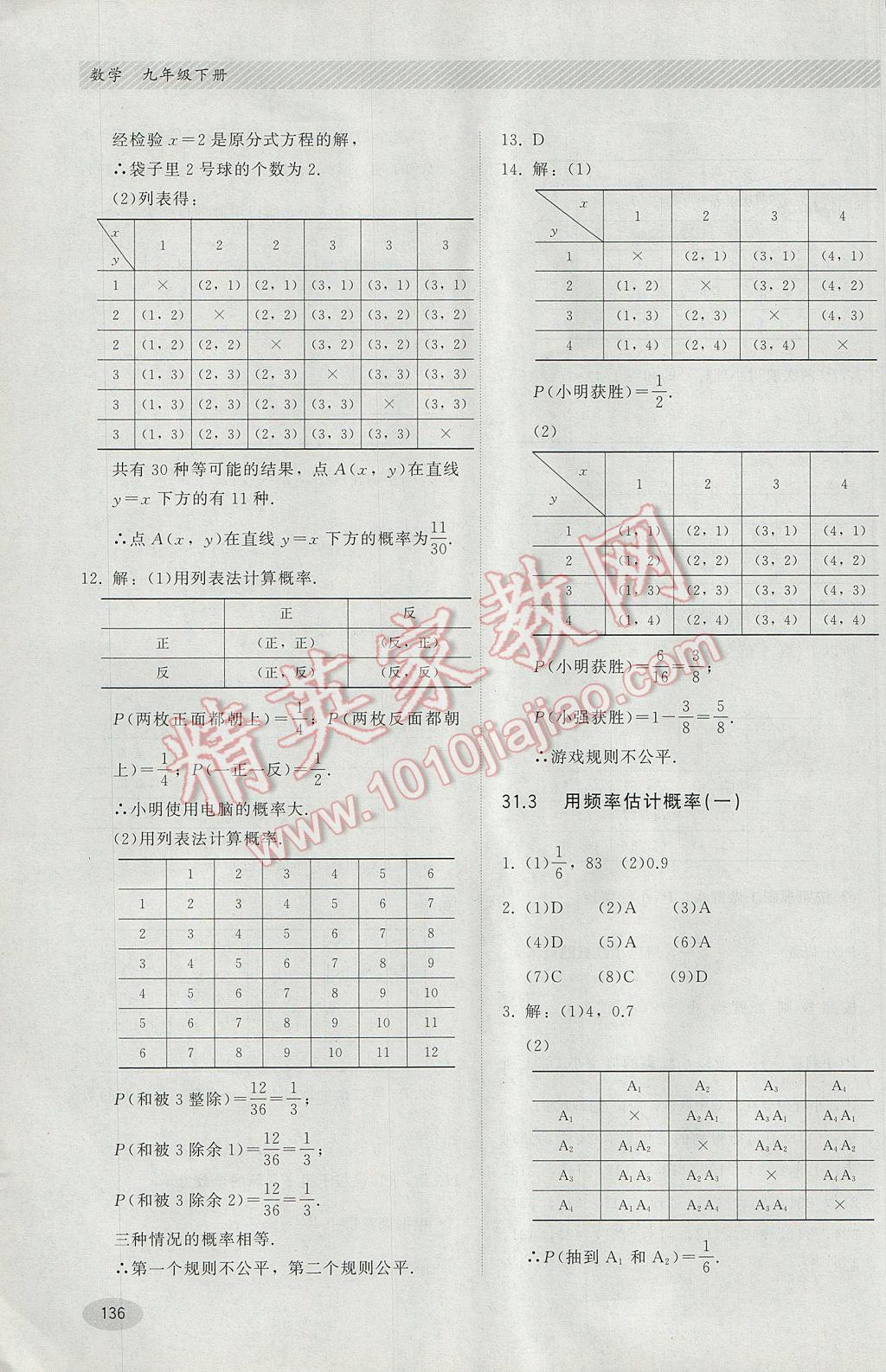 2017年同步练习册九年级数学下册冀教版河北教育出版社 参考答案第16页