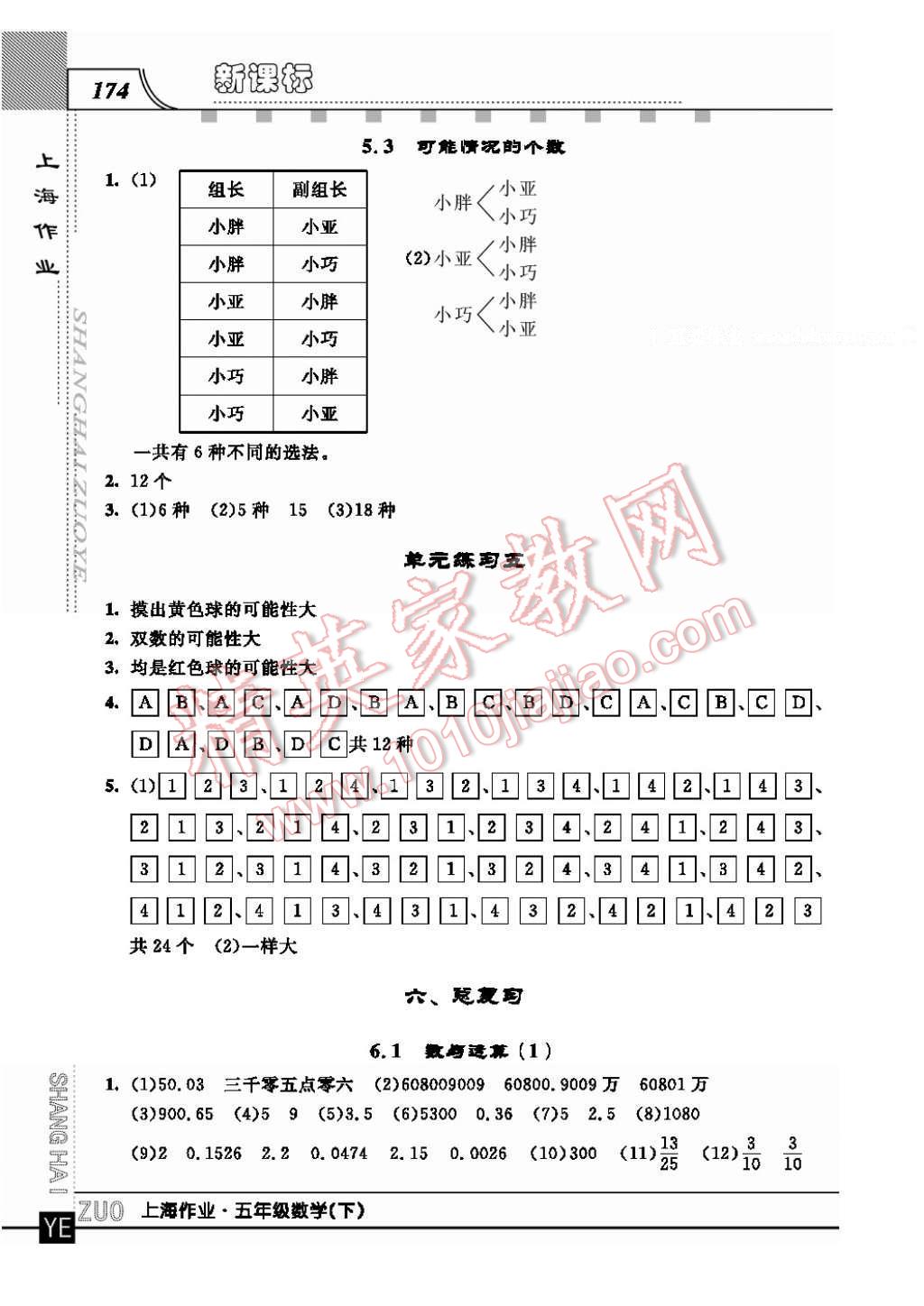 2017年上海作業(yè)五年級(jí)數(shù)學(xué)下冊(cè) 參考答案第10頁(yè)