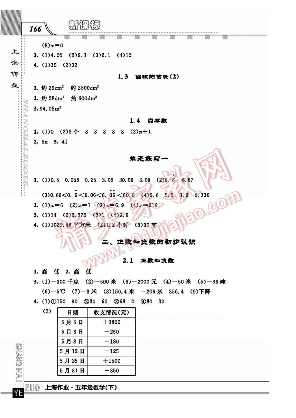 2017年上海作業(yè)五年級數(shù)學(xué)下冊 參考答案第2頁