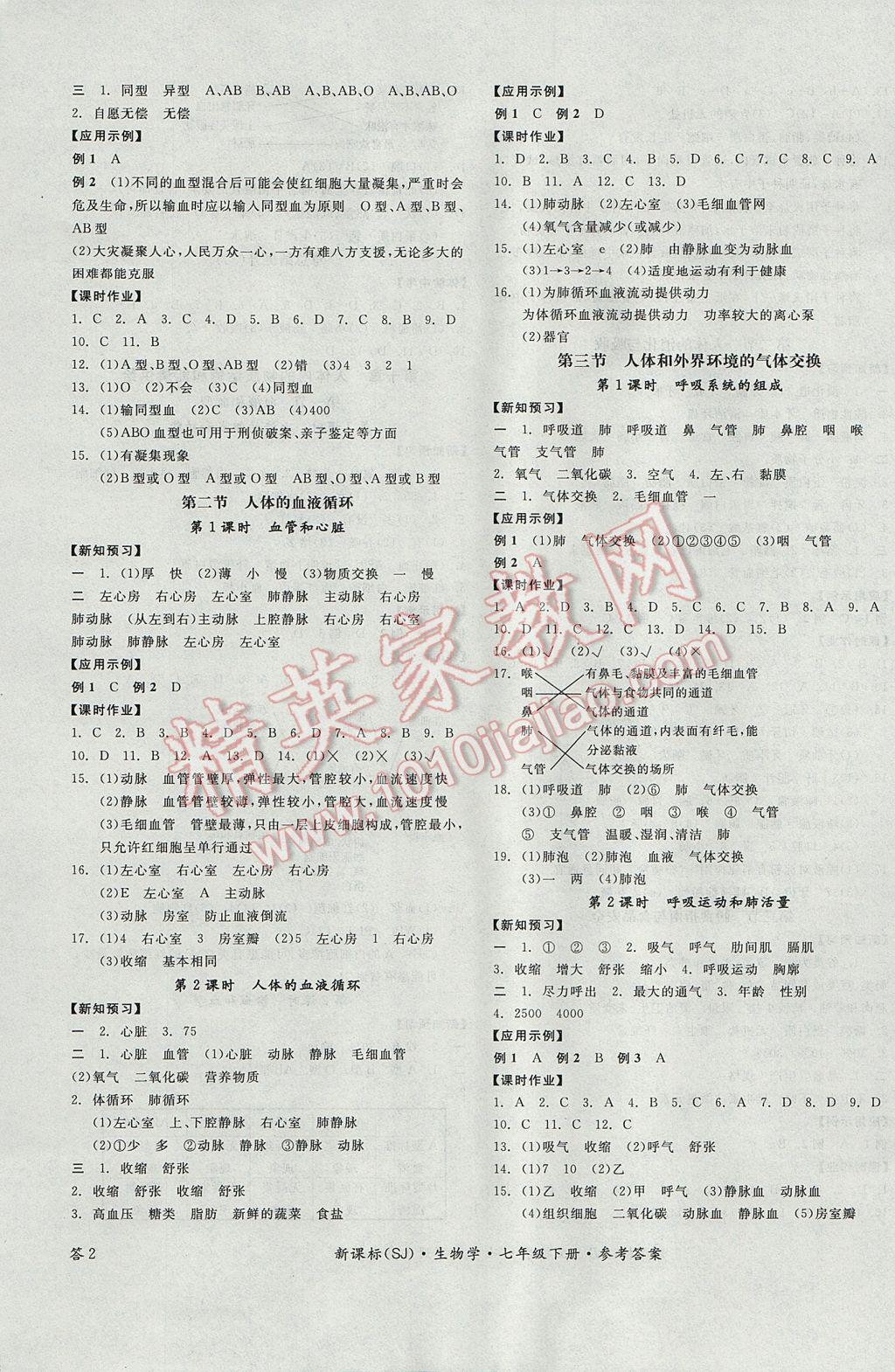 2017年全品学练考七年级生物学下册苏教版 参考答案第3页