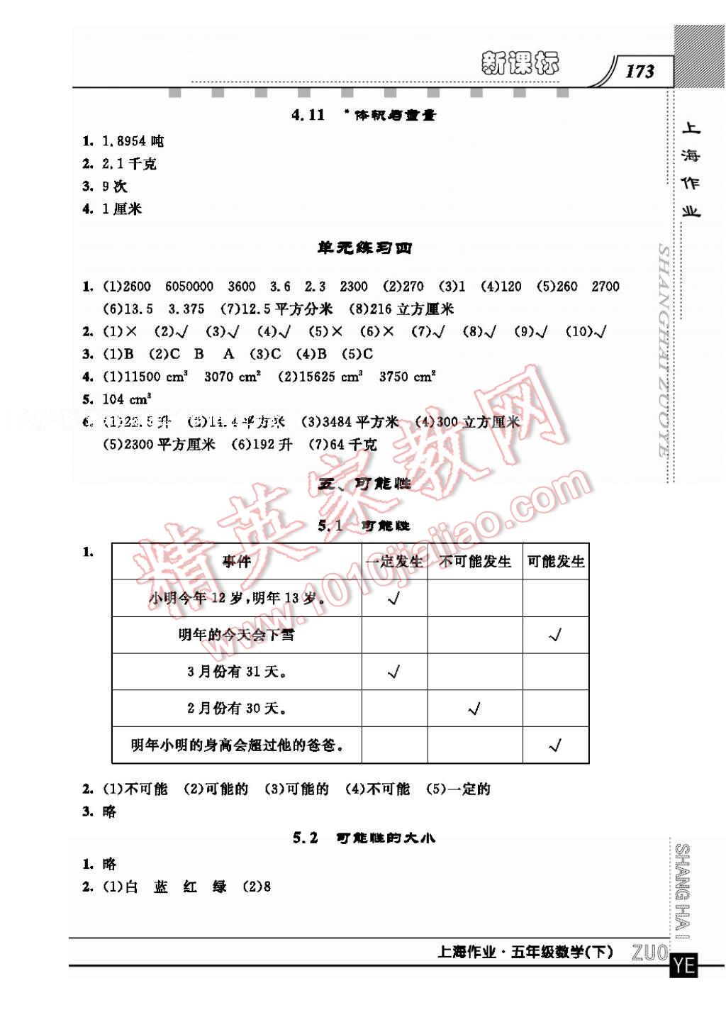 2017年上海作業(yè)五年級(jí)數(shù)學(xué)下冊 參考答案第9頁