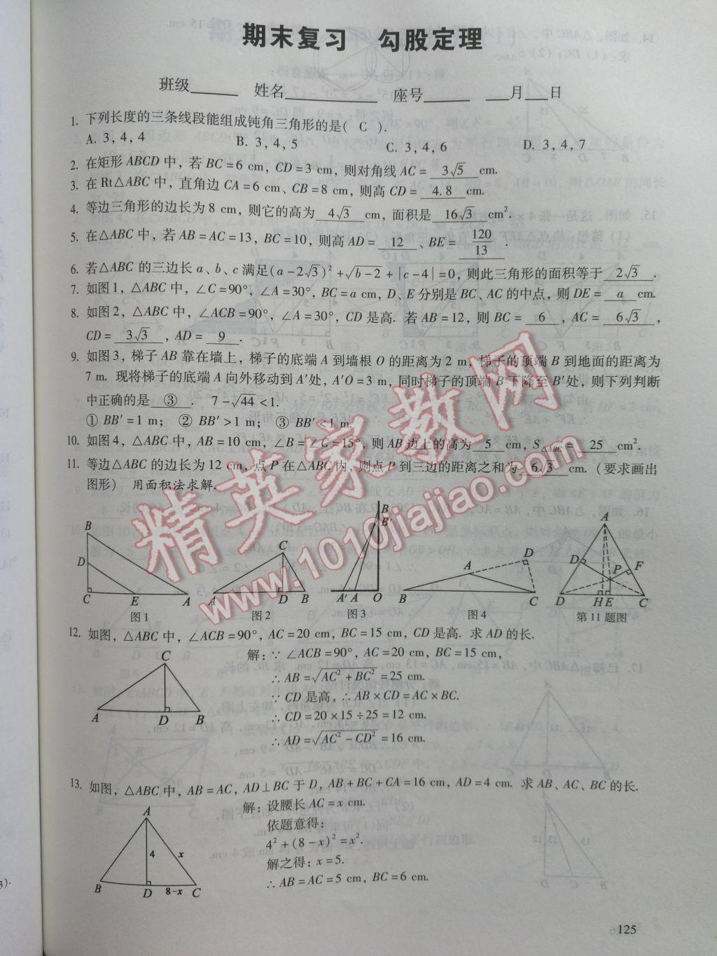 2017年数学活页练习八年级下册福建少年儿童出版社 参考答案第125页