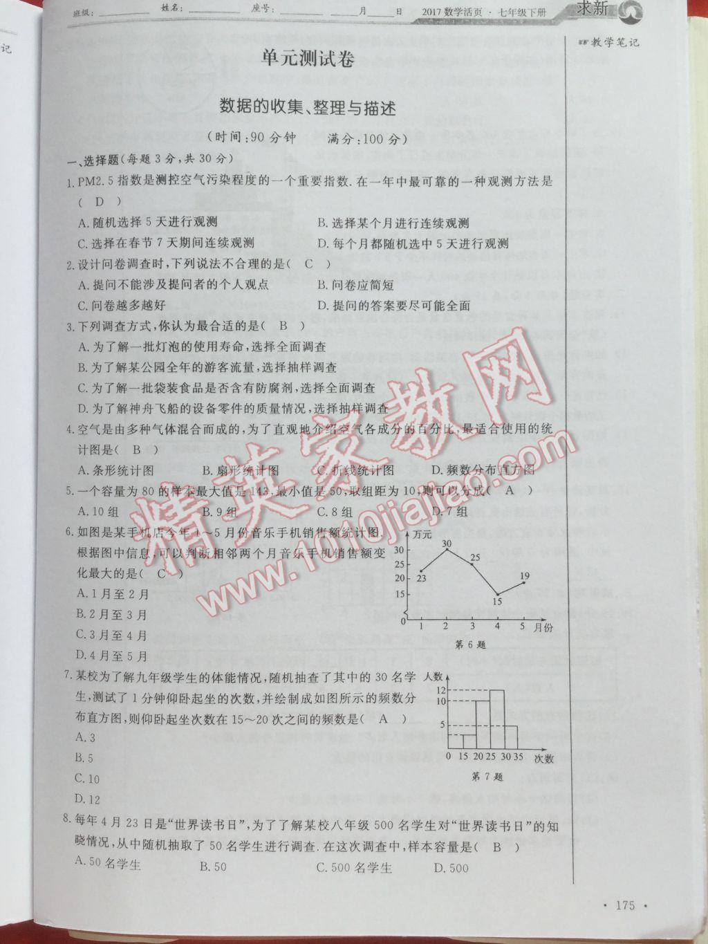 2017年數(shù)學(xué)活頁(yè)單元測(cè)評(píng)卷七年級(jí)數(shù)學(xué)下冊(cè)人教版 參考答案第175頁(yè)