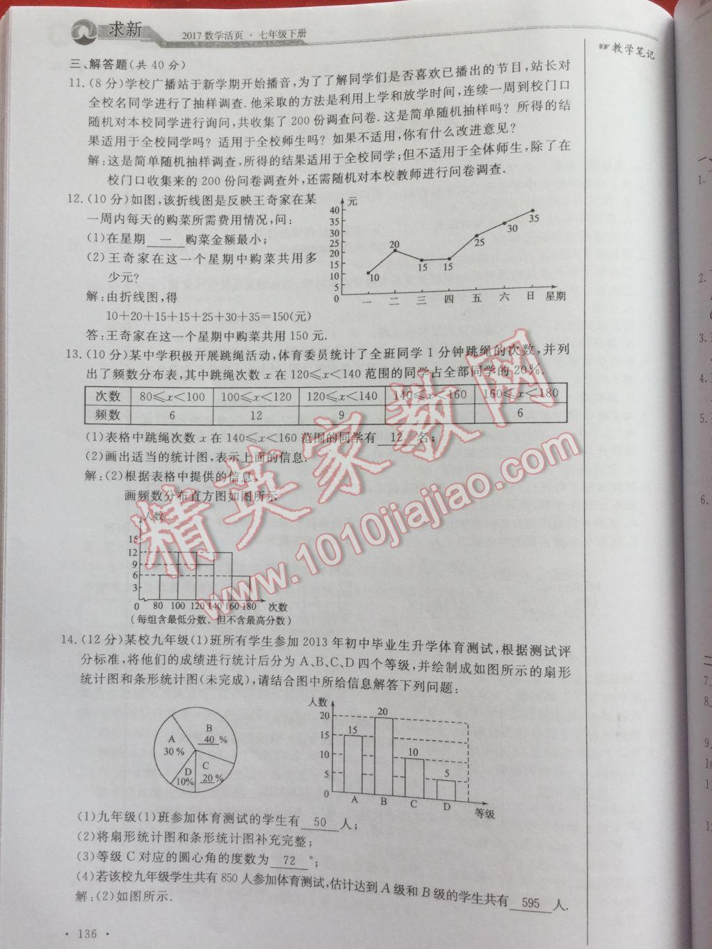 2017年數(shù)學(xué)活頁單元測評卷七年級數(shù)學(xué)下冊人教版 參考答案第136頁