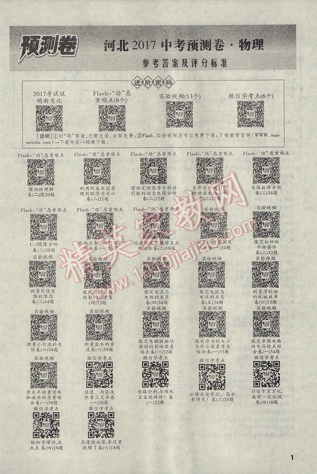 2017年河北中考预测卷8套卷物理第13年第13版 参考答案第1页