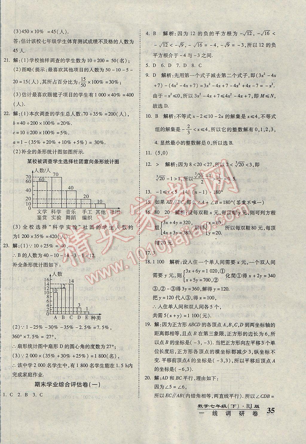 2017年一线调研卷七年级数学下册人教版 参考答案第10页