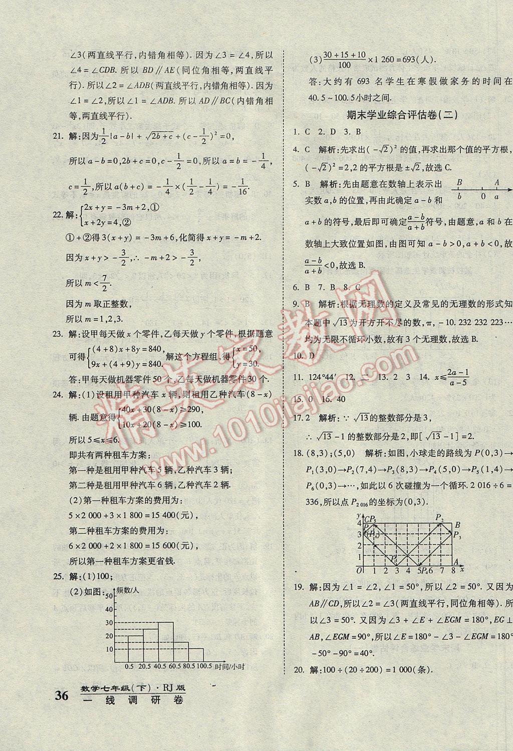 2017年一线调研卷七年级数学下册人教版 参考答案第11页