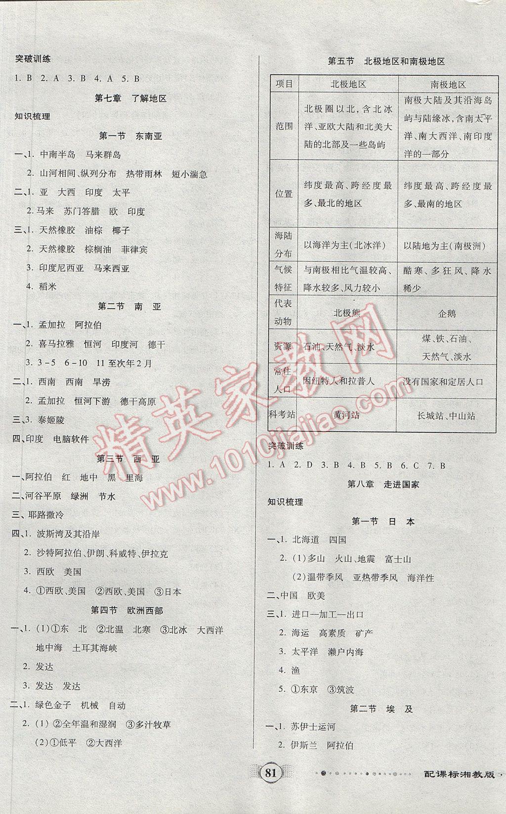 2017年全程優(yōu)選卷七年級地理下冊湘教版 參考答案第5頁