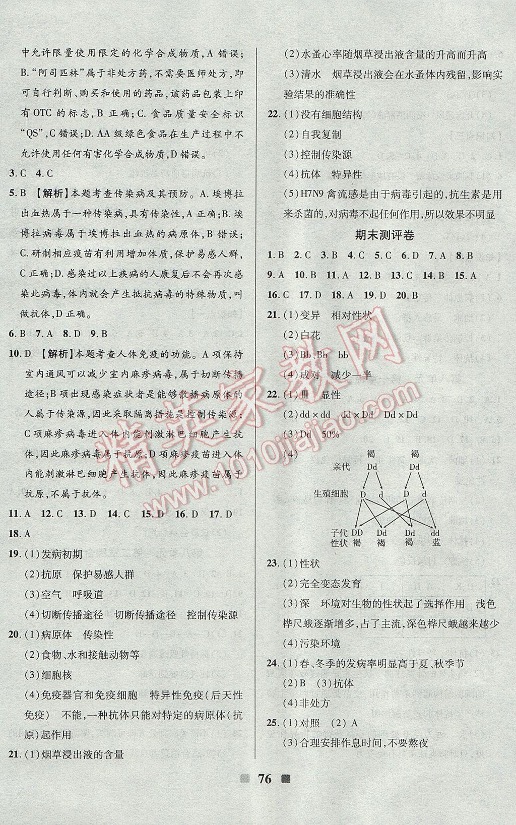 2017年優(yōu)加全能大考卷八年級生物下冊人教版 參考答案第8頁