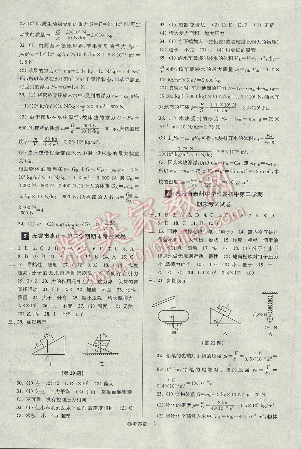 2017年超能學(xué)典名牌中學(xué)期末突破一卷通八年級物理下冊蘇科版 參考答案第3頁