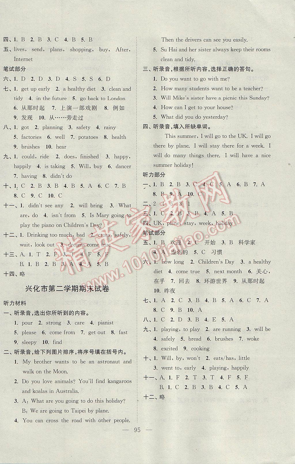 2017年各地期末试卷精选六年级英语下册江苏版 参考答案第3页