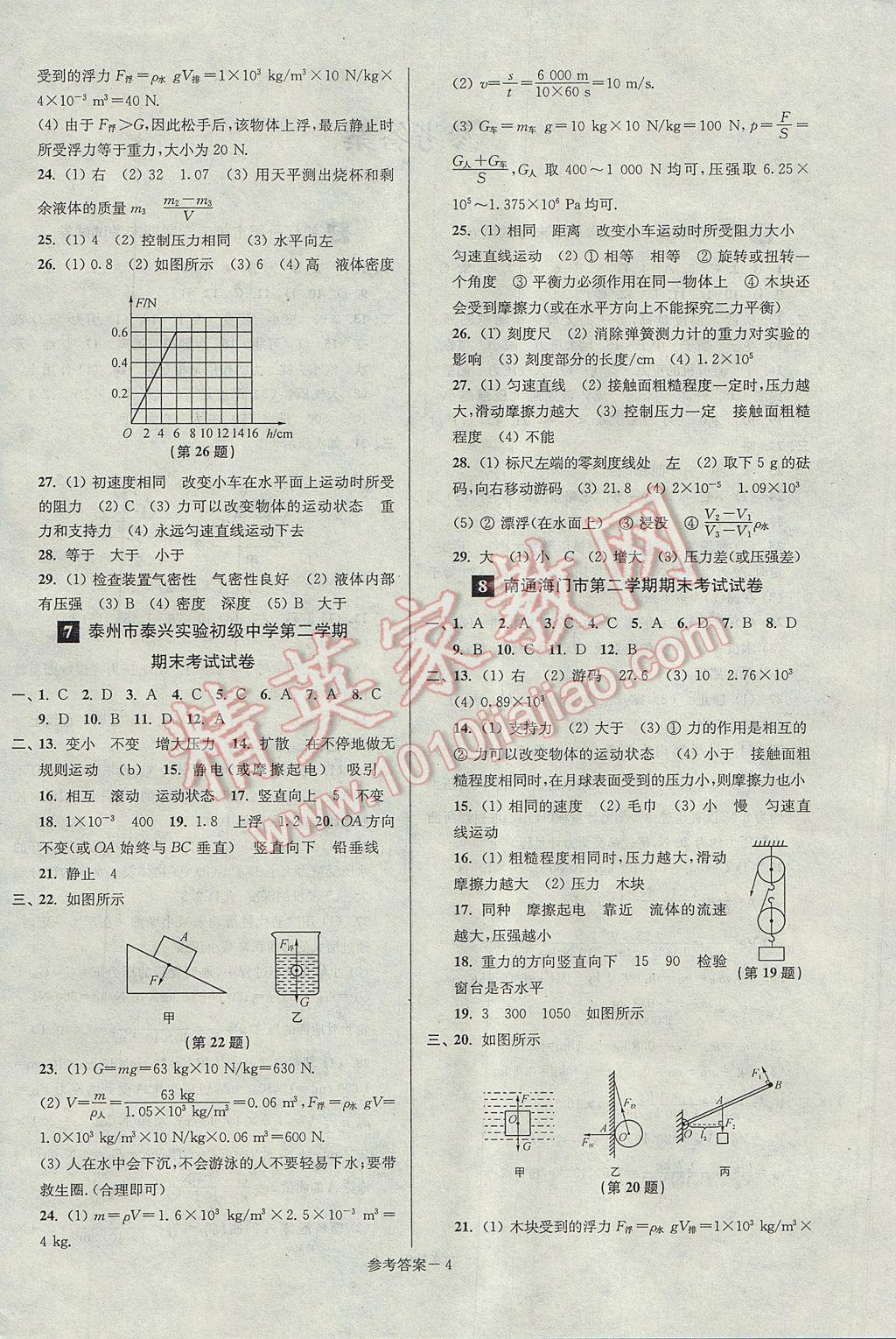 2017年超能學(xué)典名牌中學(xué)期末突破一卷通八年級物理下冊蘇科版 參考答案第4頁