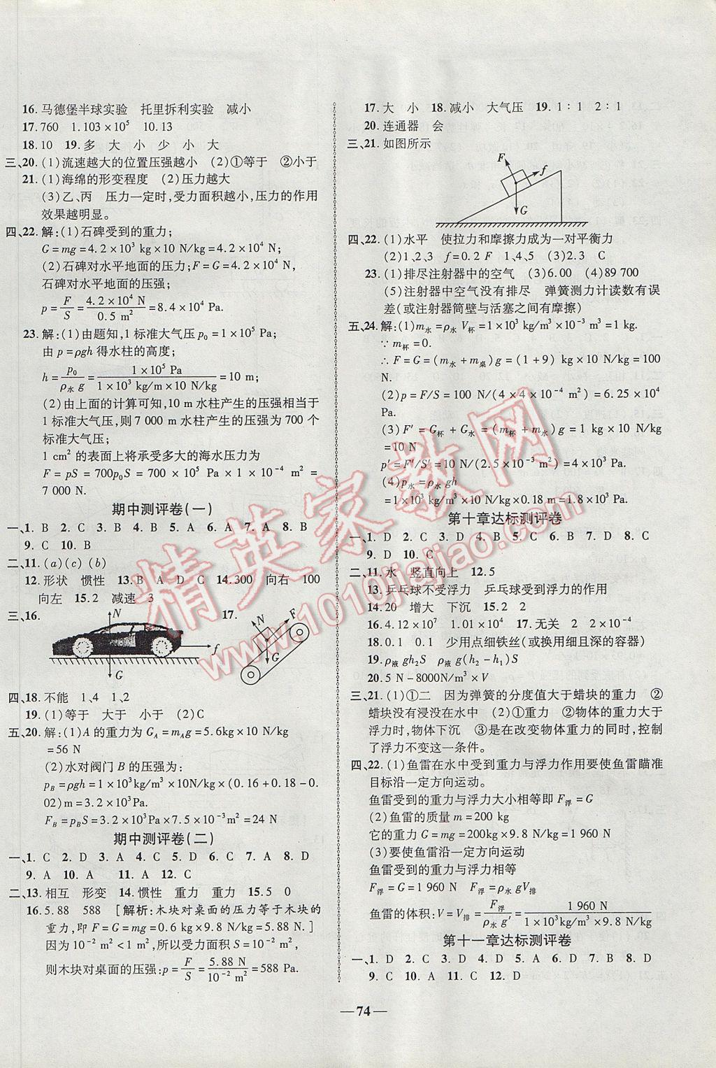 2017年培優(yōu)奪冠金卷名師點撥八年級物理下冊人教版 參考答案第2頁