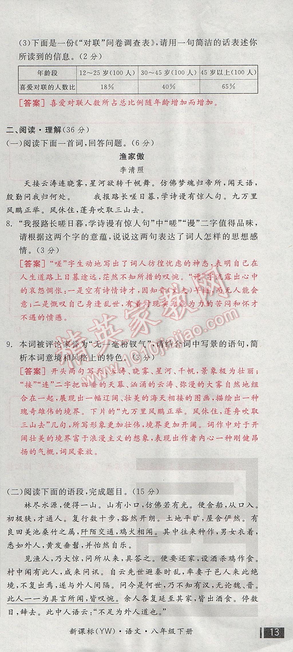 2017年全品小复习八年级语文下册语文版 参考答案第39页