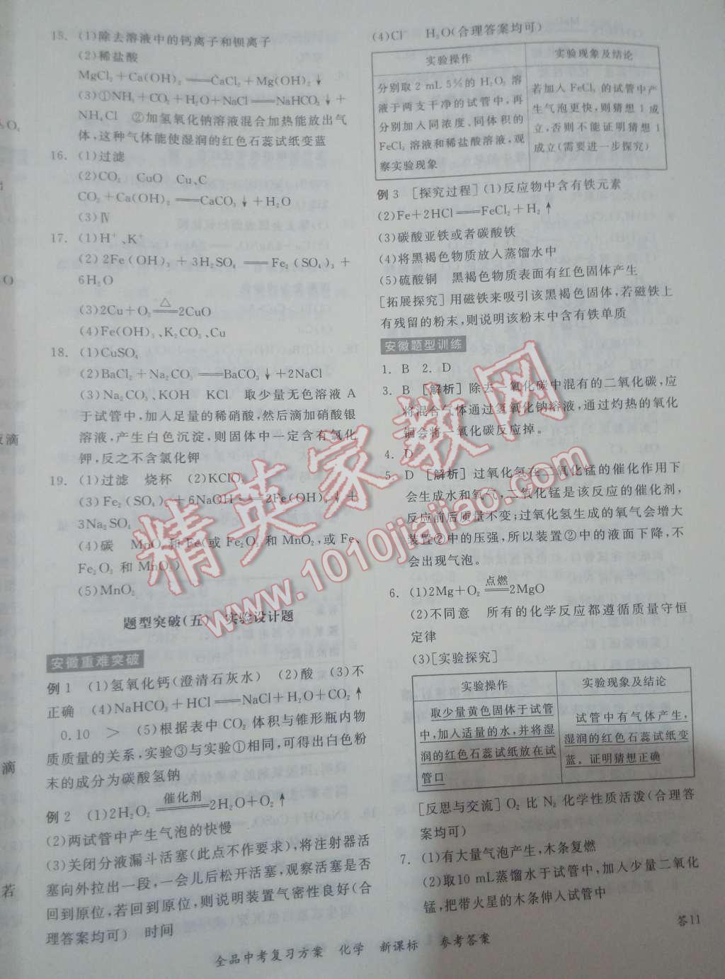 2017年全品中考复习方案化学安徽 参考答案第22页