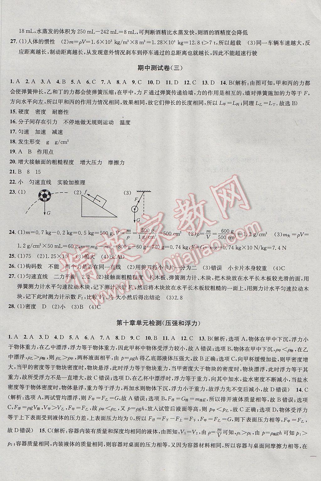 2017年金鑰匙沖刺名校大試卷八年級物理下冊江蘇版 參考答案第5頁